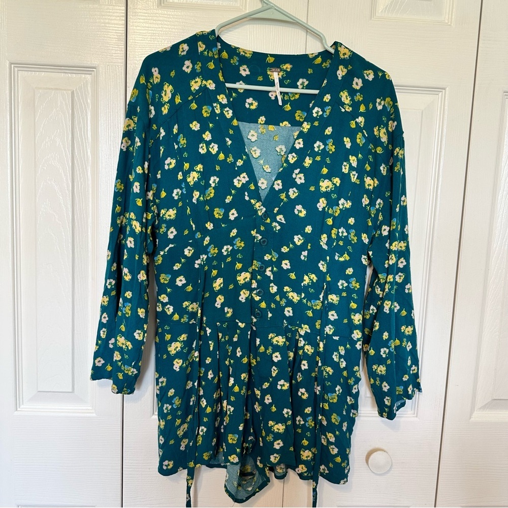Free People Floral Long Sleeve Romper Teal Tie Waist Boho Size 6 - Picture 3 of 11